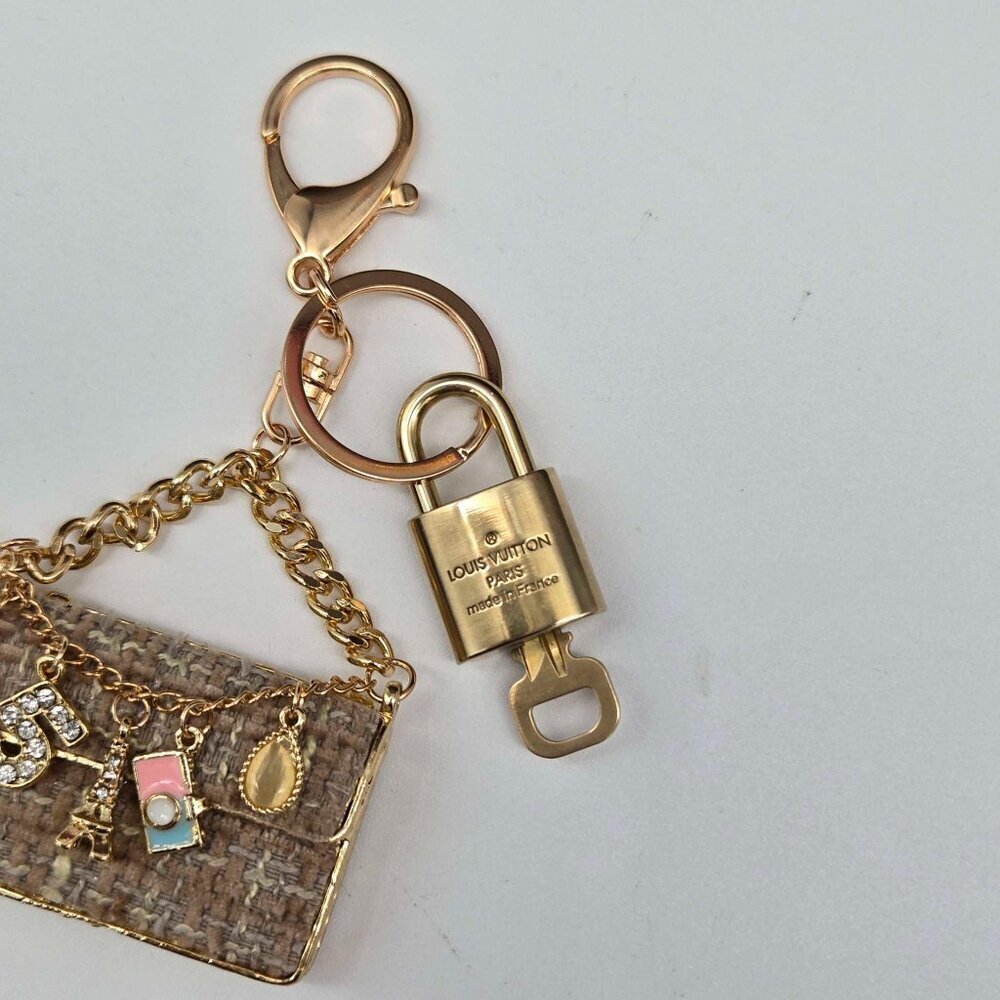 Authentic Louis Vuitton Padlock & Key Gold ✨Unbranded Tweed Bag Charm Keychain - Picture 6 of 9